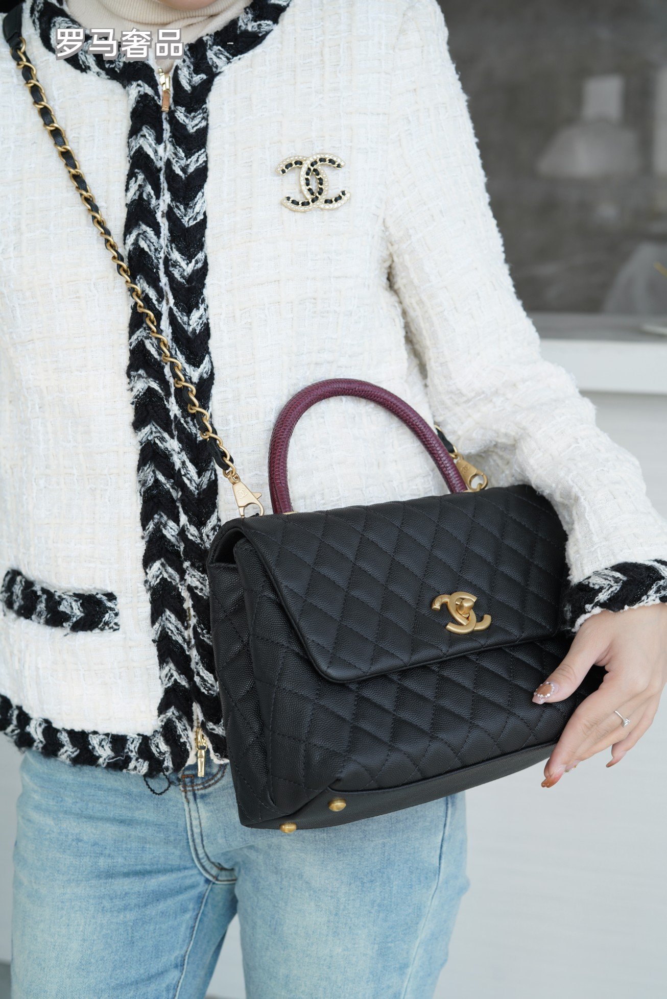 Chanel Medium Coco Handle Bag Black Quilted Caviar Leather Gold Hardware