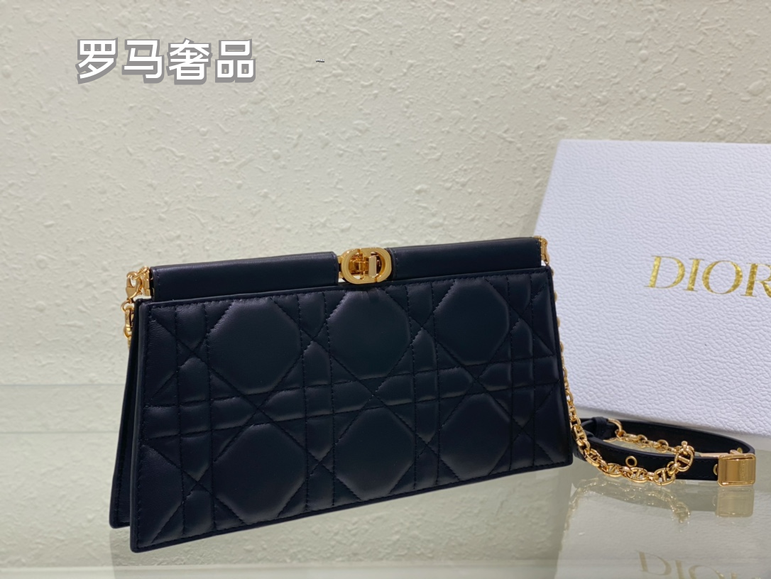 Dior Elegant Black Quilted Leather Evening Clutch Bag with Gold Chain