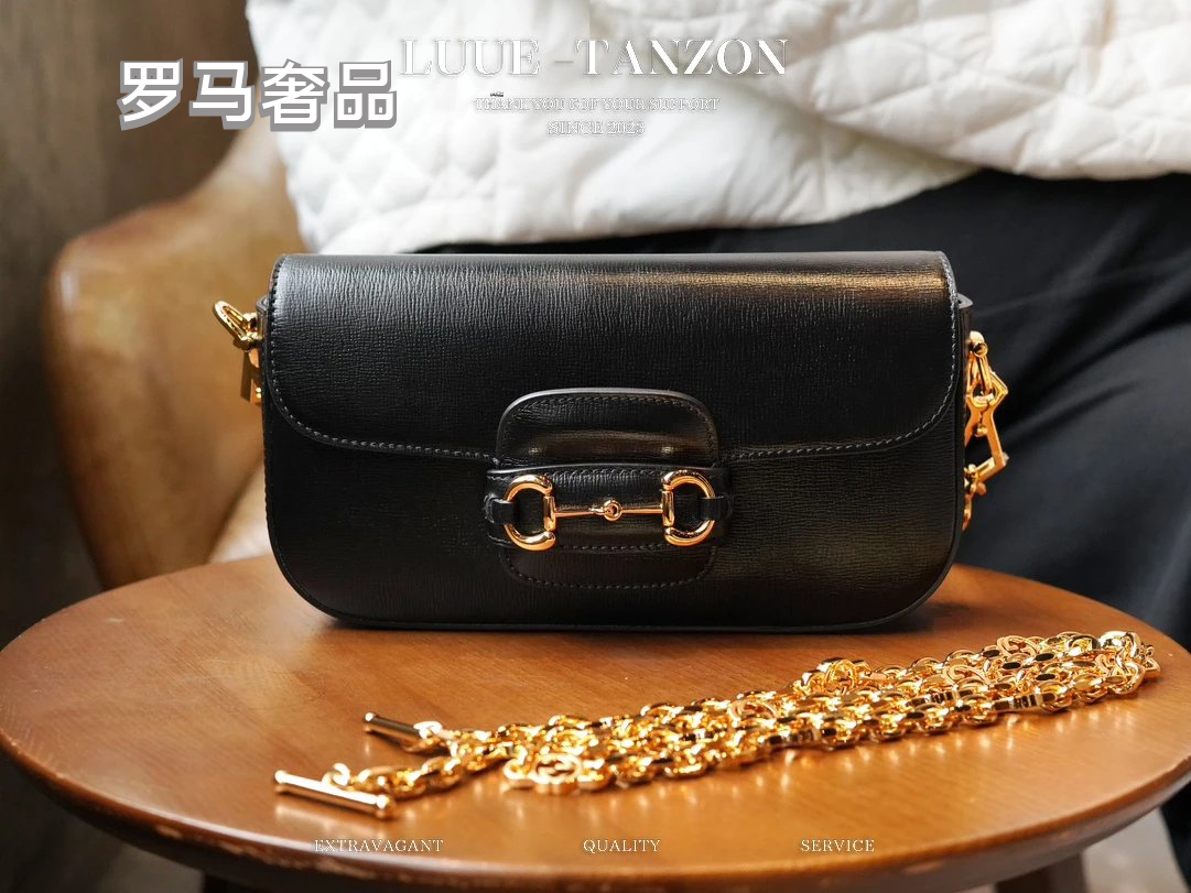 Luxury Black Leather Shoulder Bag with Gold Horsebit Hardware and Chain Strap
