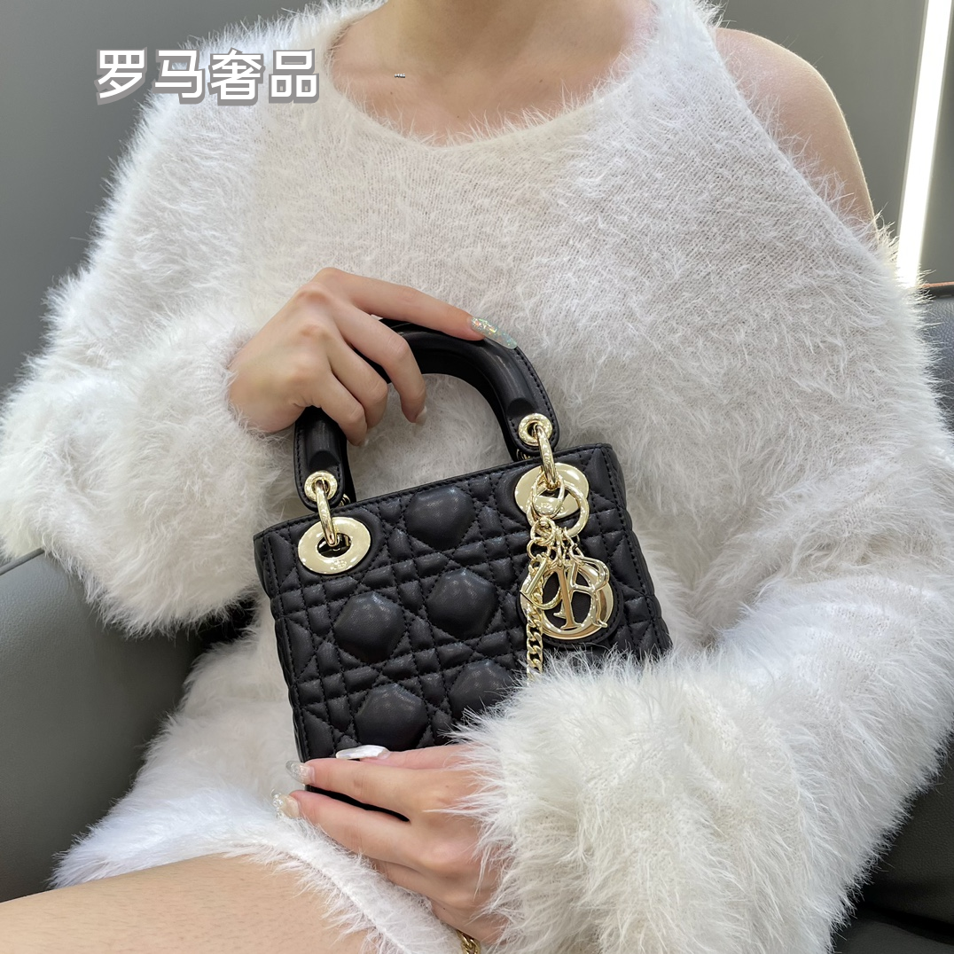 Lady Dior Micro Bag - Black Cannage Lambskin with Gold-Finish Metal Charms