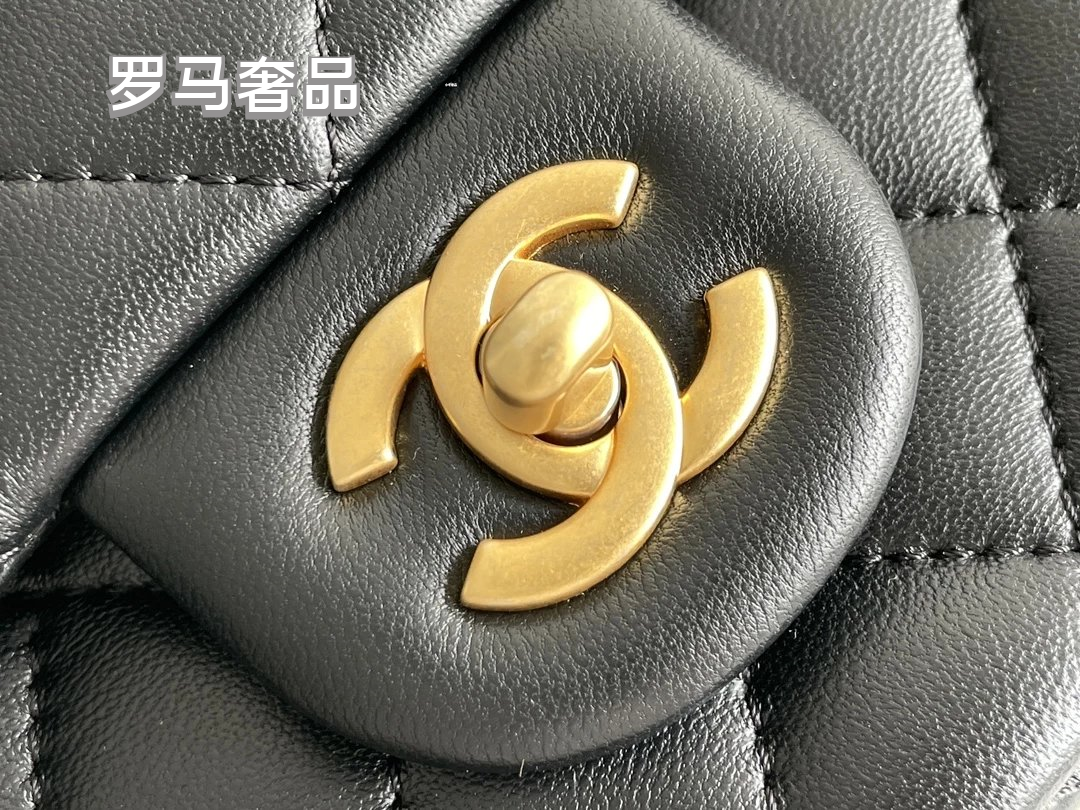 Black Quilted Leather Mini Flap Bag with Gold-Tone Chain and Camellia Charm