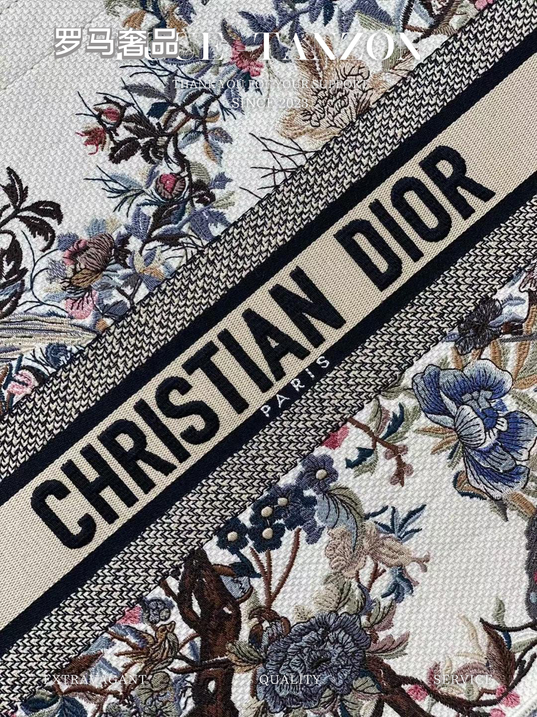 Christian Dior Large Book Tote Bag - White Canvas with Multi-Color Floral and Bird Embroidery