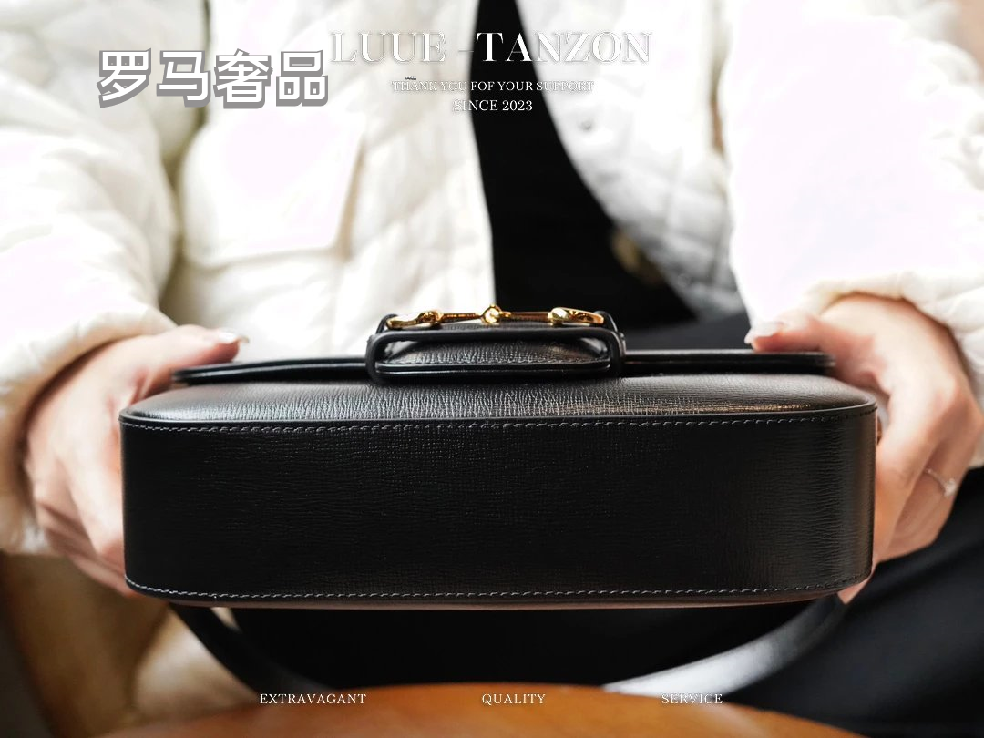Luxury Black Leather Shoulder Bag with Gold Horsebit Hardware and Chain Strap