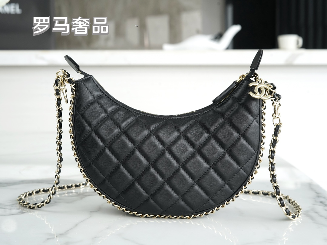 Luxury Black Quilted Leather Mini Hobo Bag with Gold-Tone Chain Strap