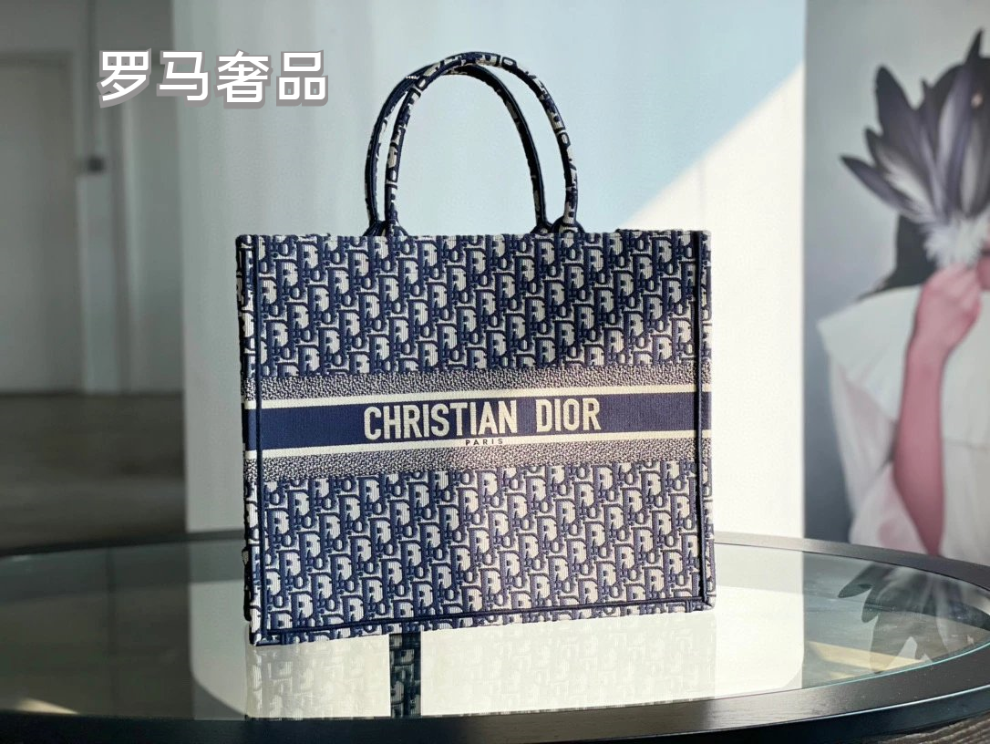 Christian Dior Book Tote Blue Dior Oblique Embroidery