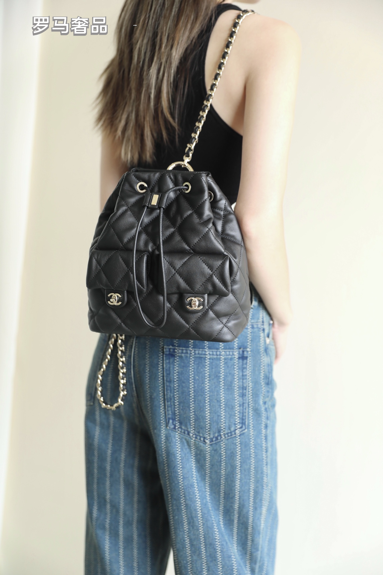 Chanel-Style Quilted Black Leather Bucket Bag with Silver Chain Strap