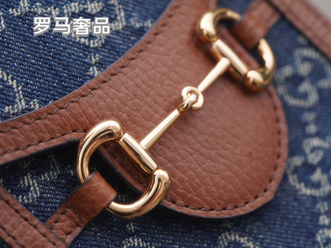Gucci Horsebit 1955 Mini Shoulder Bag Blue GG Denim with Brown Leather Trim