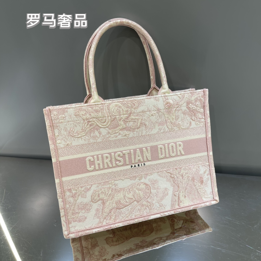 Dior Pink and Beige Floral Embroidered Top Handle Canvas Tote Bag