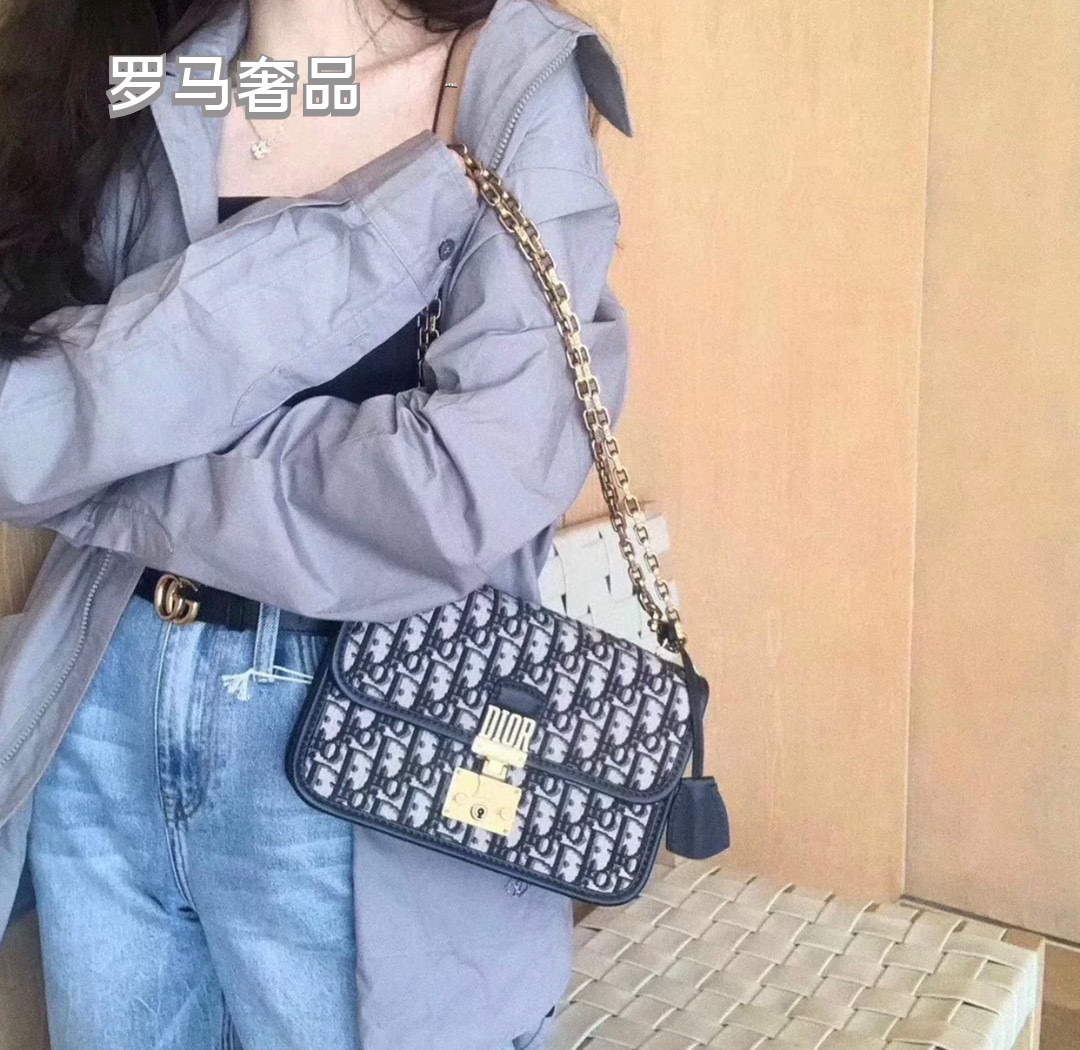 Dior Addict Flap Bag Blue Oblique Jacquard with Gold-Finish Hardware