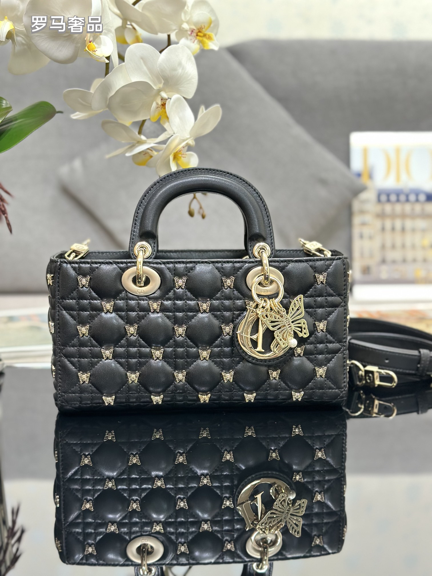 Christian Dior Lady D-Joy Bag Black Quilted Lambskin with Butterfly Charm