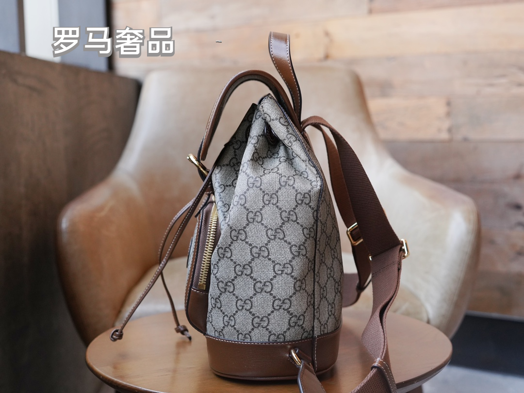 Gucci Classic Monogram Canvas Backpack with Brown Leather Trim and Drawstring