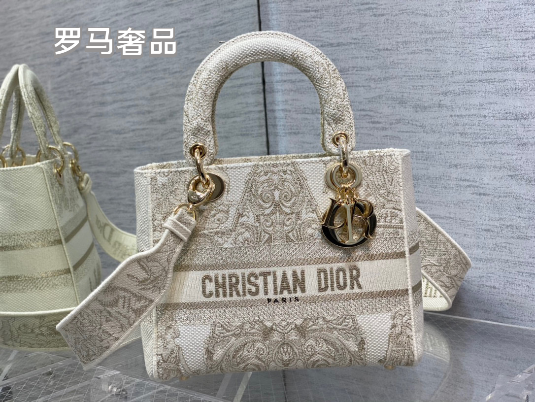 Christian Dior Lady D-Lite Medium Handbag - White and Gold-Tone Embroidered Canvas