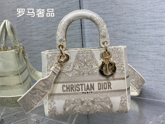 Christian Dior Lady D-Lite Medium Handbag - White and Gold-Tone Embroidered Canvas