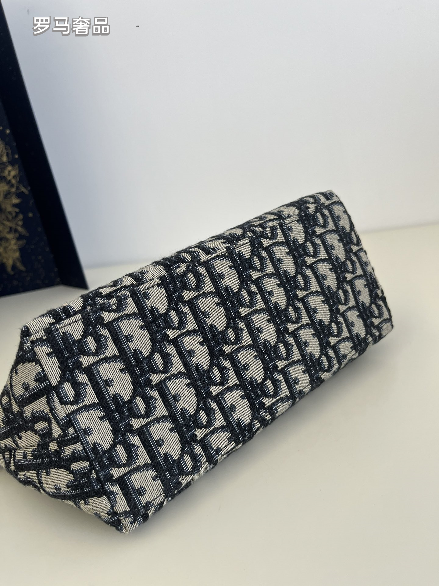 Vintage Inspired Monogram Canvas Shoulder Bag with Adjustable Strap - Navy Blue & Grey