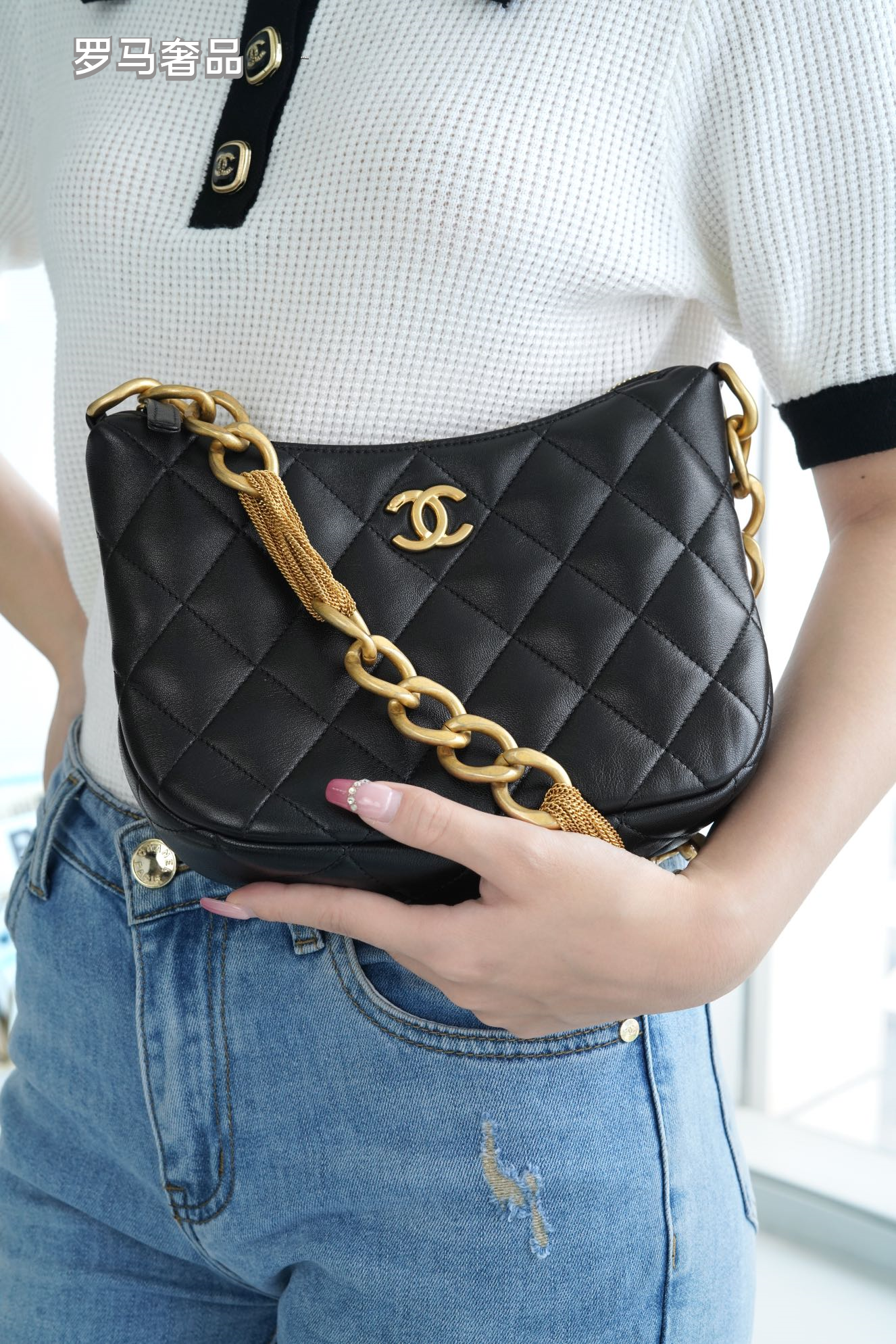 Chanel Quilted Black Leather Hobo Bag with Gold-Tone Chain Strap