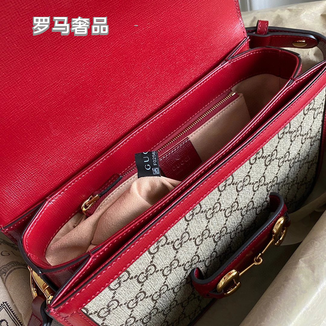 Designer GG Supreme Horsebit Shoulder Bag - Red Leather &amp; Monogram Canvas
