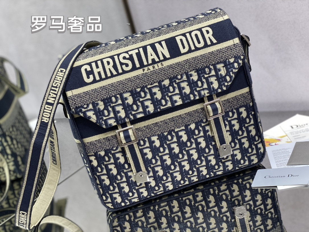 Christian Dior Oblique Canvas Messenger Bag - Navy/Beige Crossbody Bag