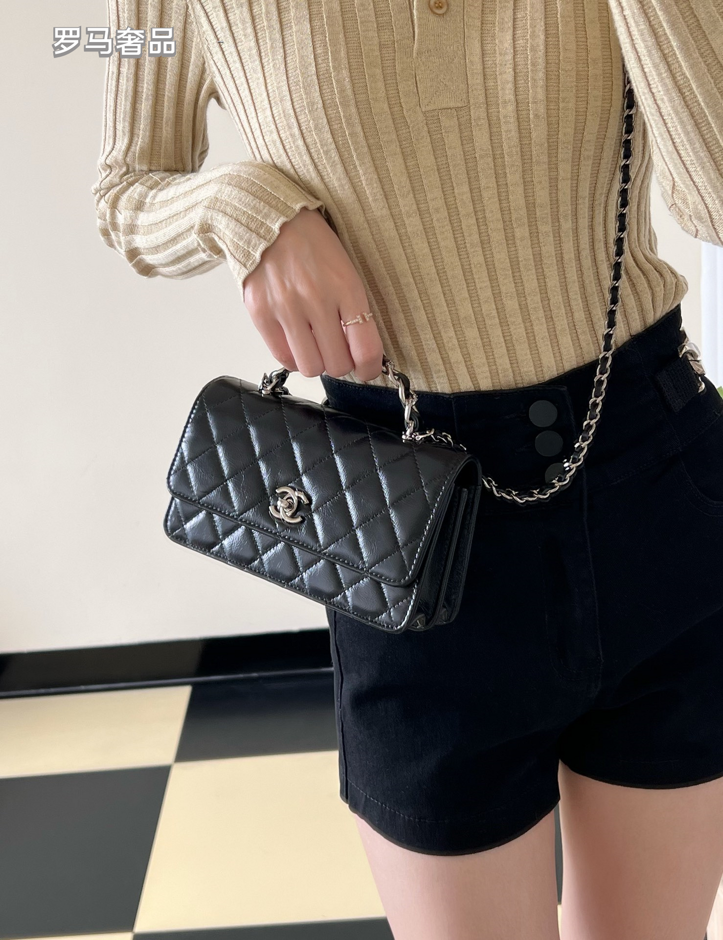 Chanel-Style Quilted Mini Flap Bag with Chain Set - Black &amp; White