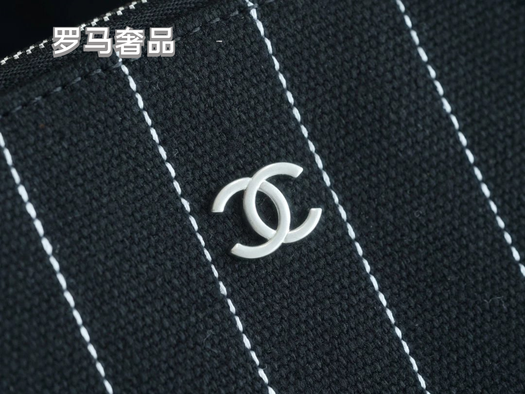 Chanel Pinstripe Canvas Deauville Tote Bag with Matching Pouch - Black/White