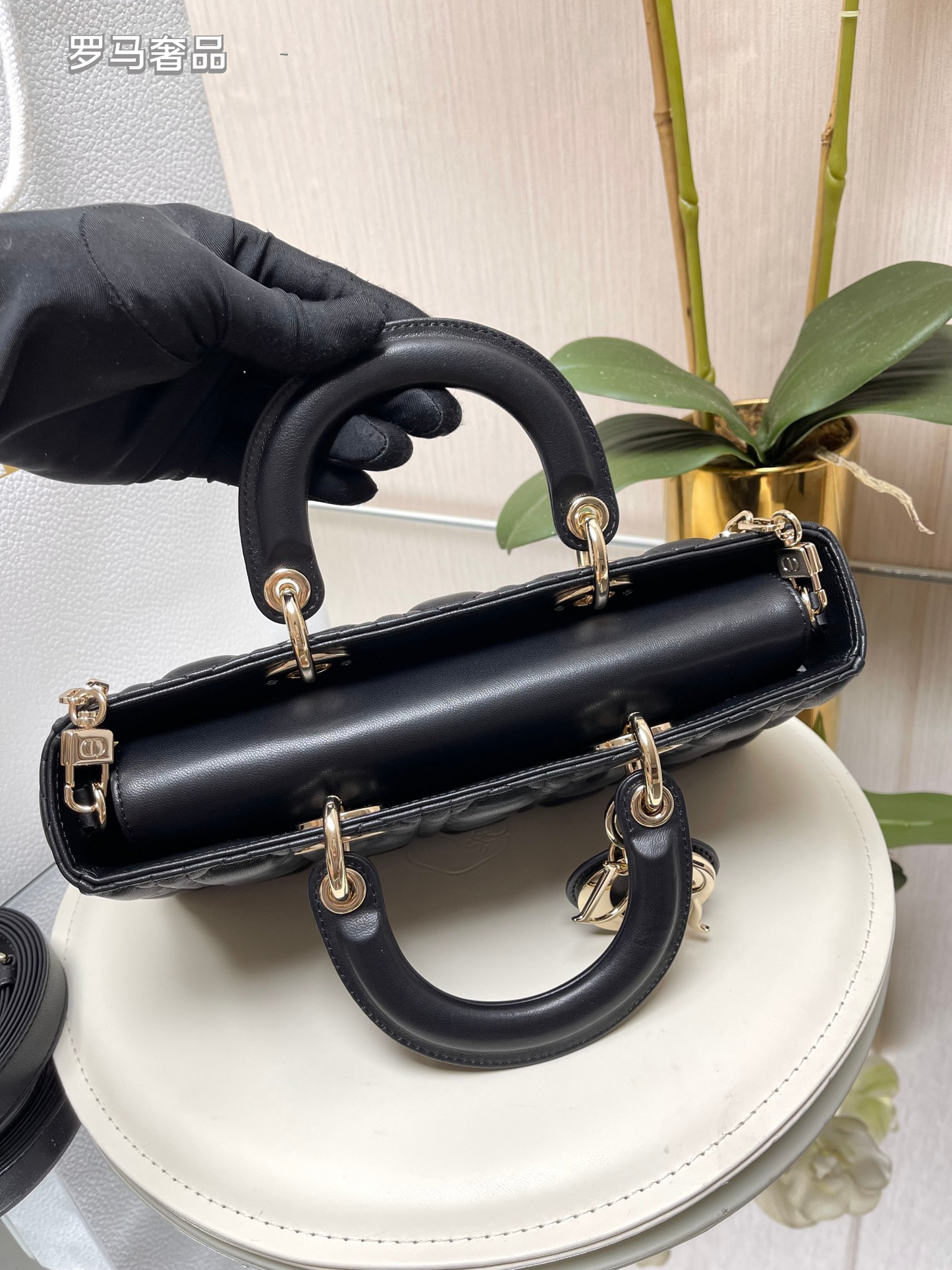 Christian Dior Lady D-Joy Bag - Black Cannage Lambskin with Gold-Finish Metal Charms