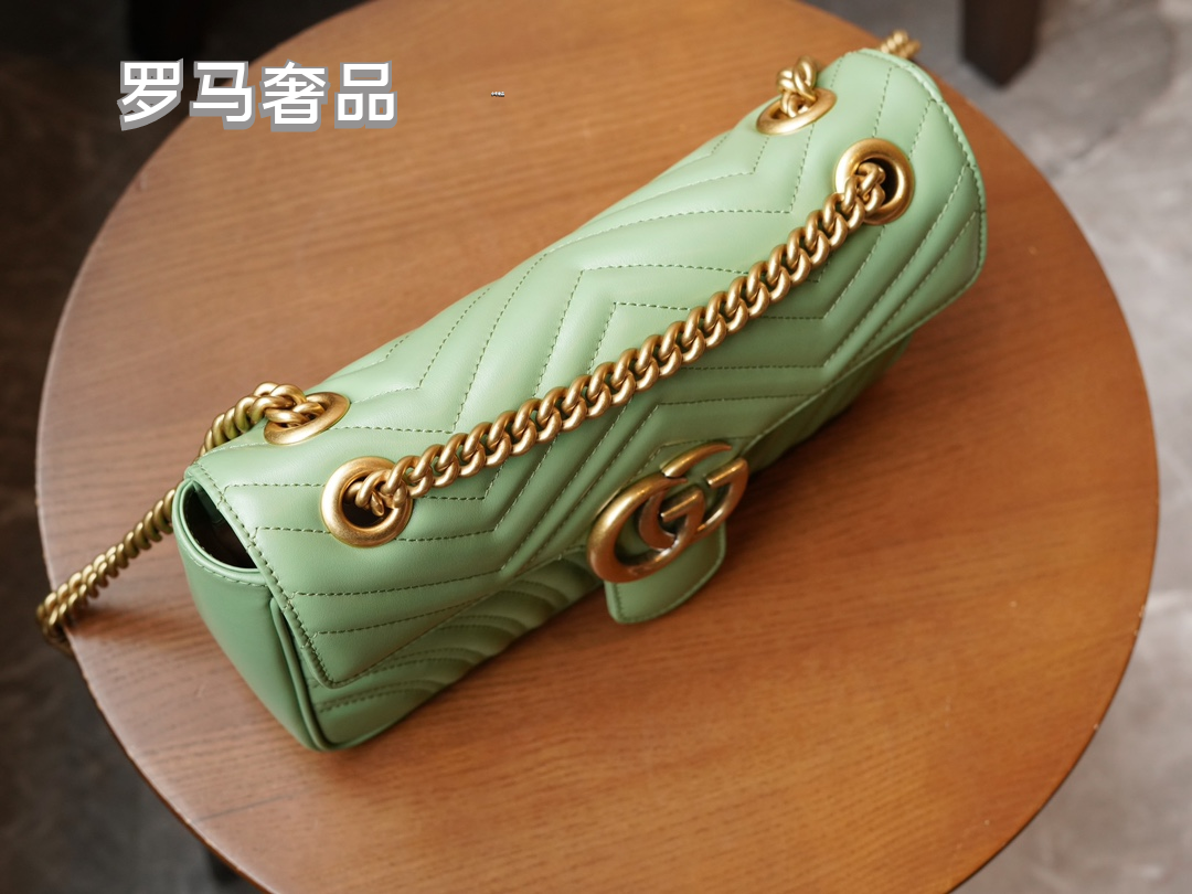 Gucci Sage Green Quilted Chevron Leather Shoulder Bag with Gold Chain