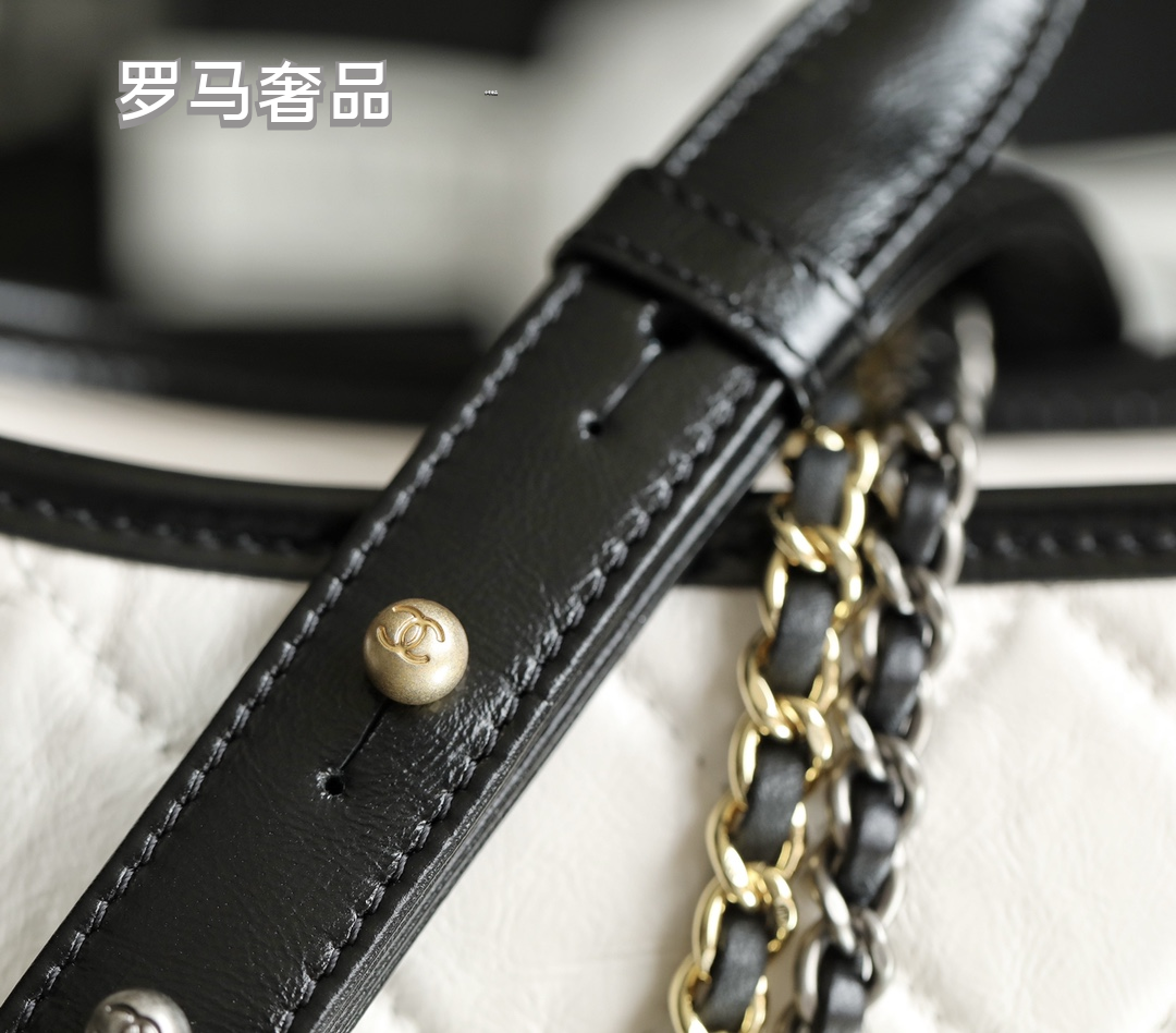 Chanel Small Gabrielle Hobo Bag - White &amp; Black Quilted Aged Calfskin