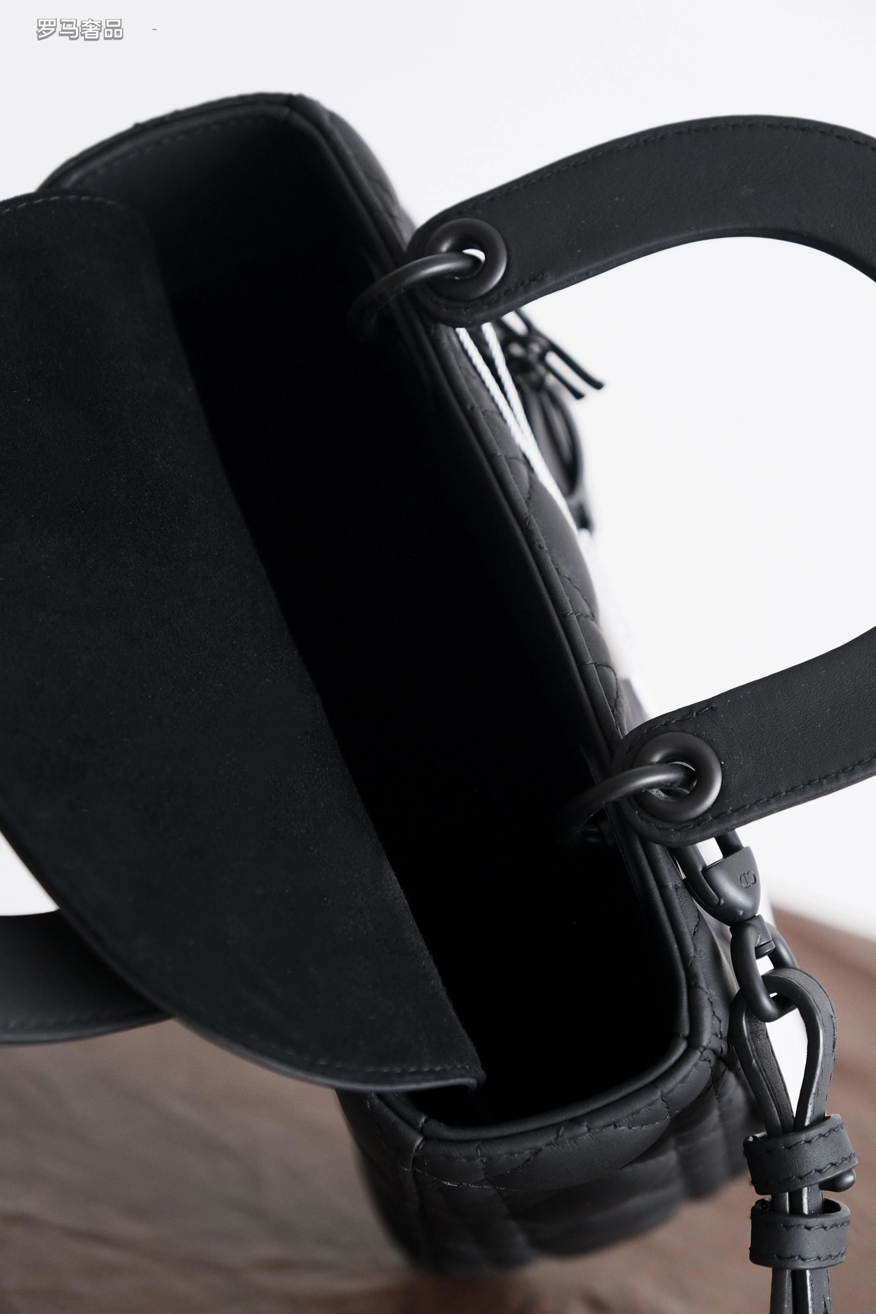 Lady Dior Style Ultra Matte Black Quilted Handbag with Shoulder Strap