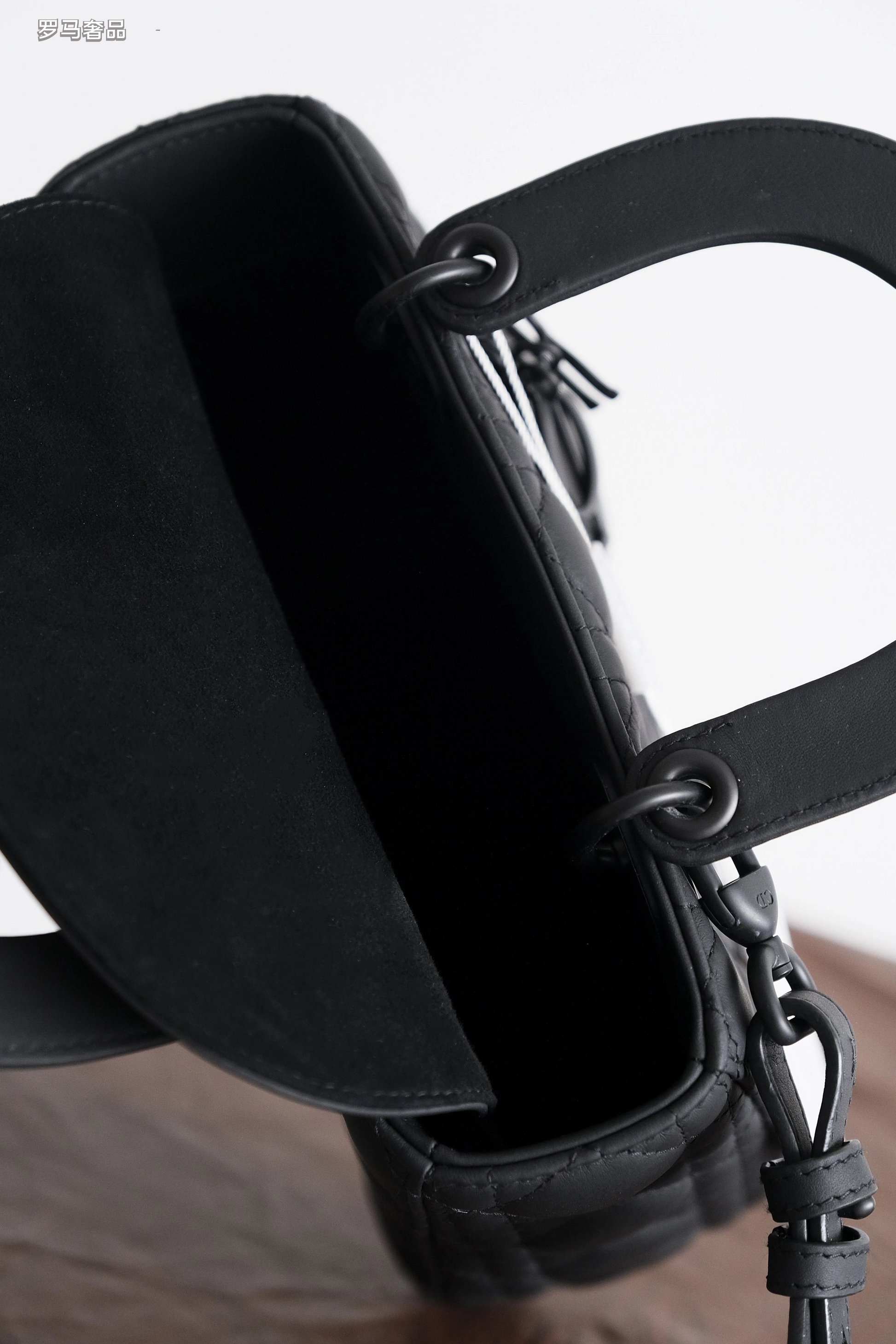 Dior Classic Matte Black Quilted Handbag with Top Handle and Strap