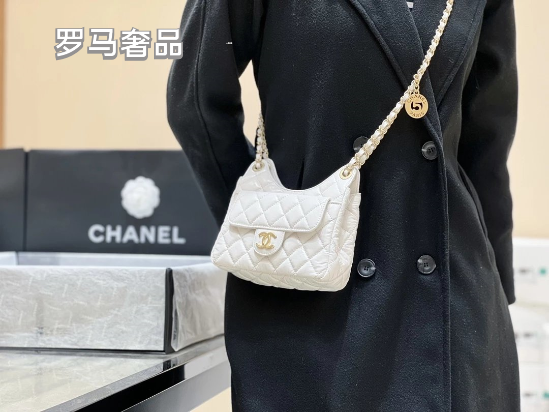 Chanel Small Hobo Bag White Quilted Lambskin Gold-Tone Metal Handbag
