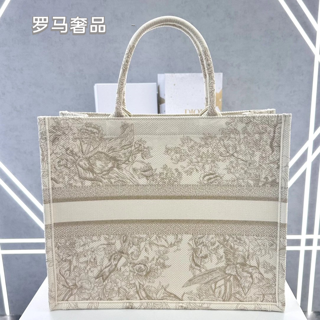 Christian Dior Book Tote Toile de Jouy Canvas Bag - Large Beige/Grey