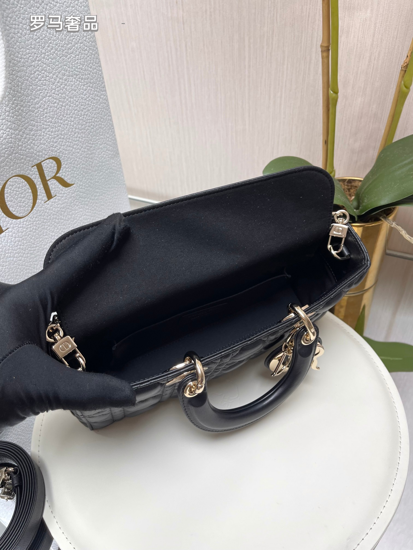 Christian Dior Lady D-Joy Bag - Black Cannage Lambskin with Gold-Finish Metal Charms