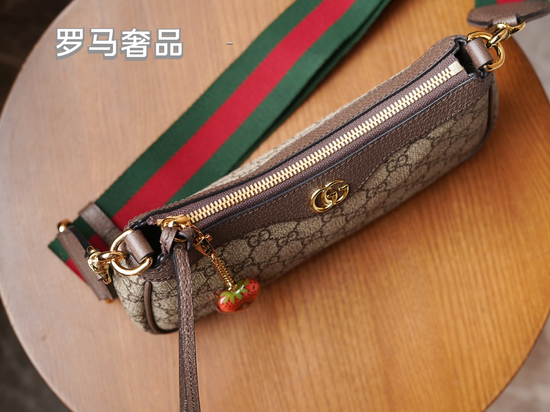 Women's Monogram Canvas Shoulder Bag with Web Strap and Strawberry Charm