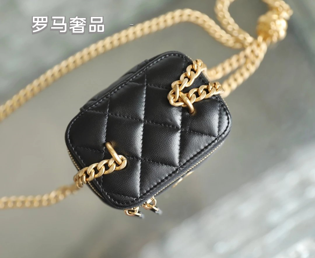Chanel Black Quilted Leather Mini Vanity Case Crossbody Bag with Gold Camellia Charm