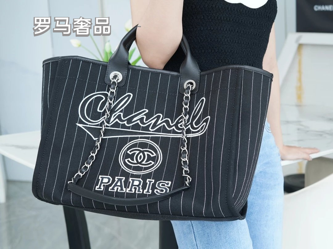 Chanel Pinstripe Canvas Deauville Tote Bag with Matching Pouch - Black/White