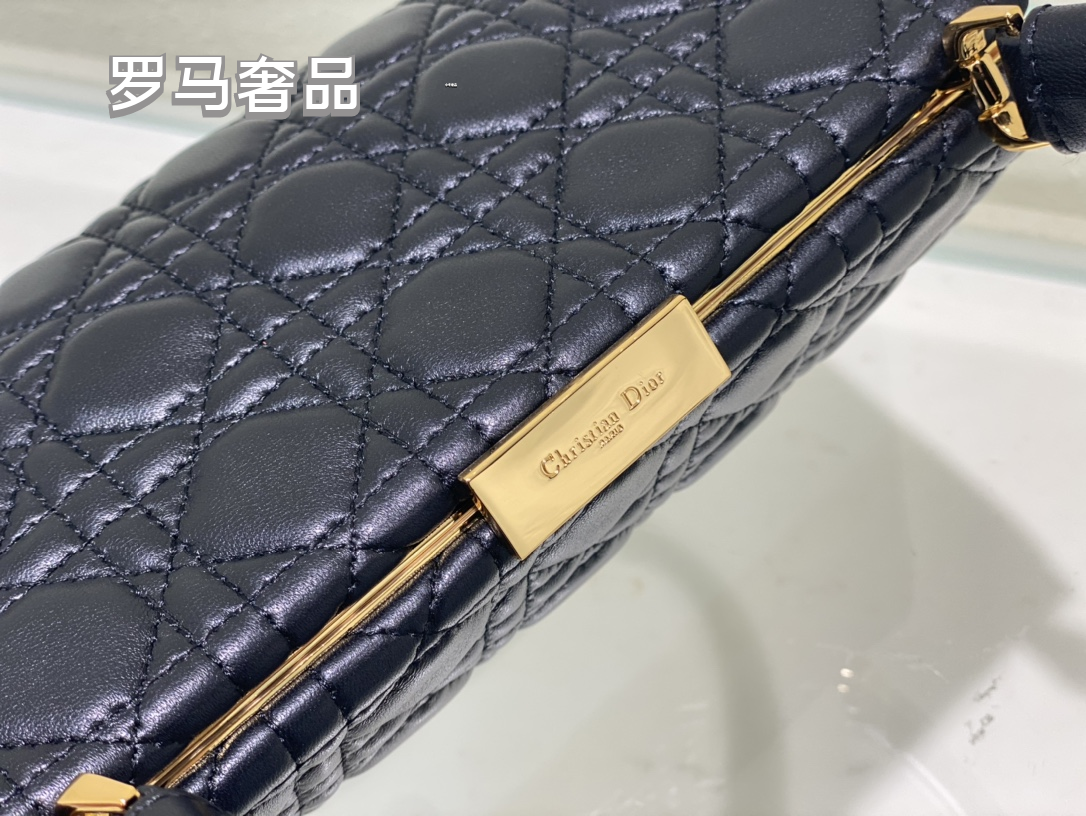 Dior Elegant Navy Blue Quilted Leather Top Handle Trapezoid Handbag