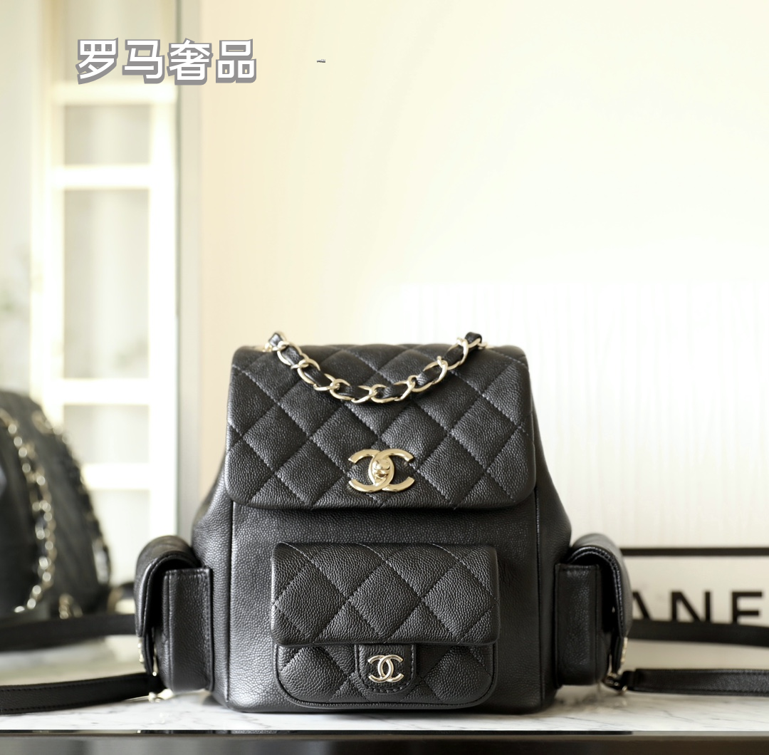 Chanel Dumas Quilted Caviar Leather Backpack - Black Gold-Tone Hardware