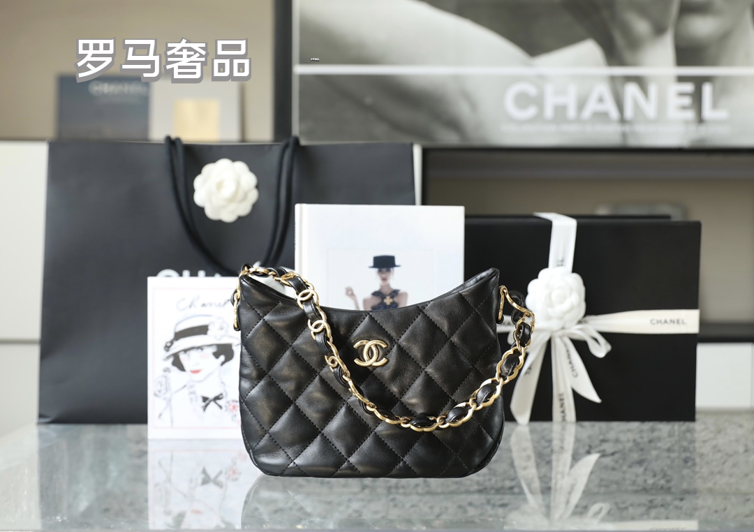 Chanel Small Hobo Bag - Black Quilted Lambskin with Gold-Tone Metal Hardware