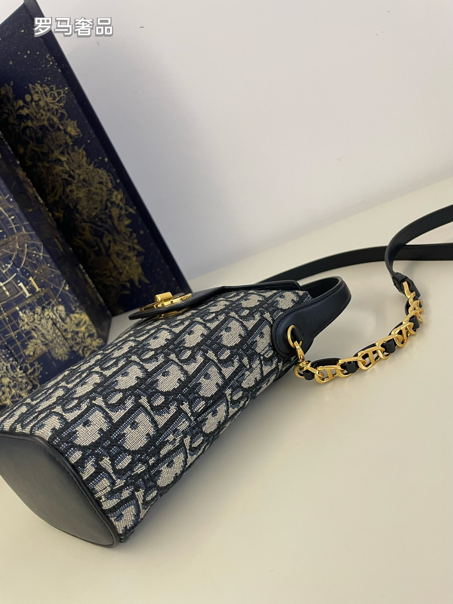 Dior Blue Monogram Jacquard Canvas Bucket Bag with Gold Hardware