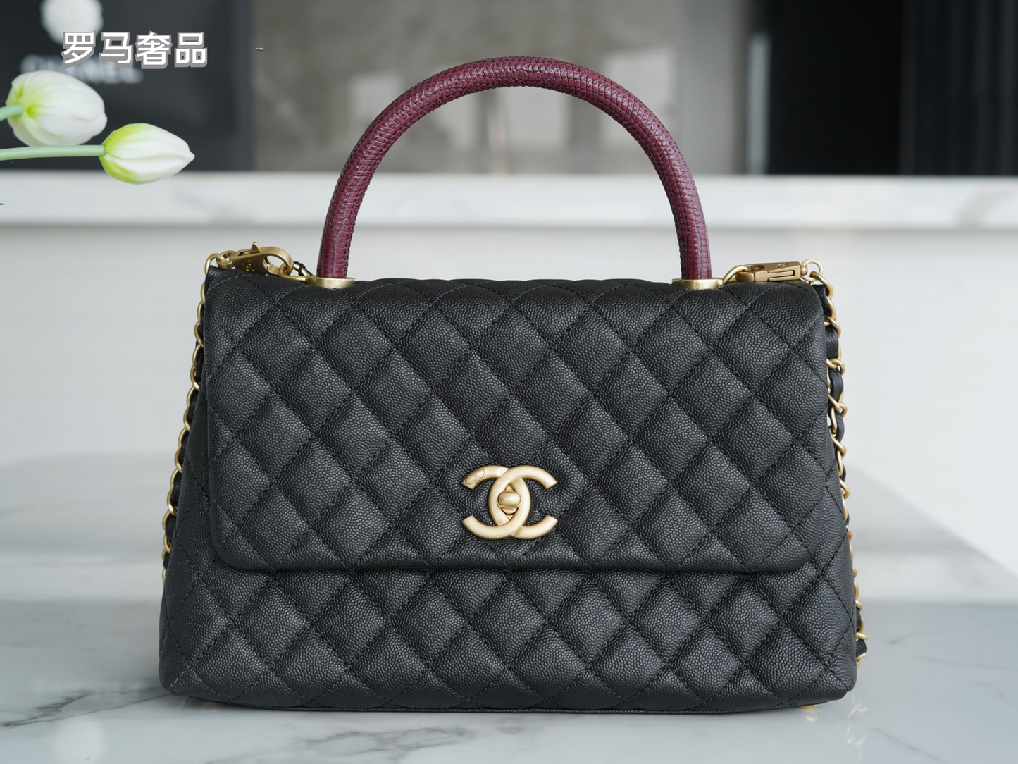Chanel Medium Coco Handle Bag Black Quilted Caviar Leather Gold Hardware