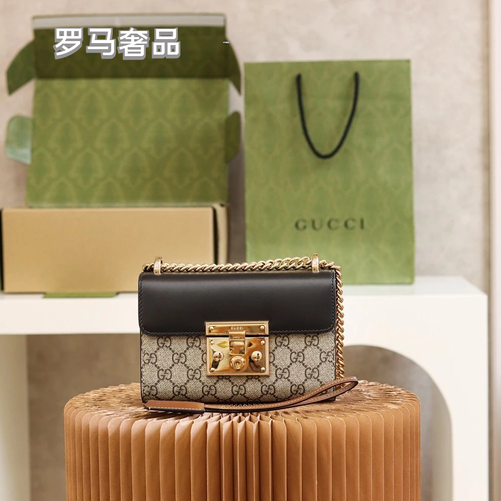 Gucci Vintage Monogram Canvas Crossbody Bag with Leather Flap and Gold Chain