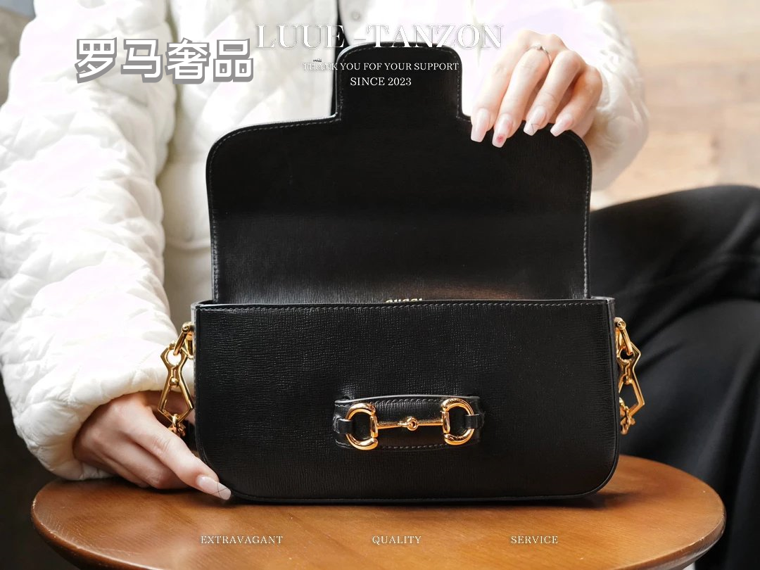 Luxury Black Leather Shoulder Bag with Gold Horsebit Hardware and Chain Strap