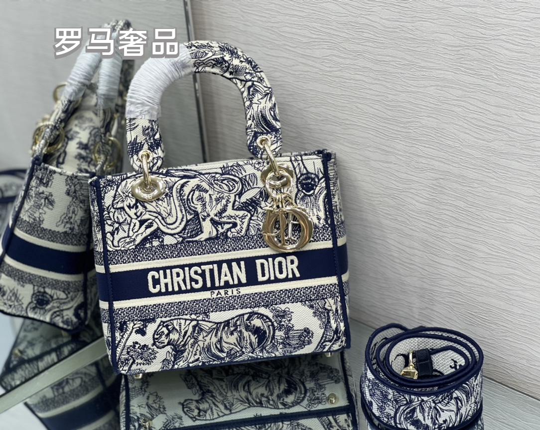 Christian Dior Lady D-Lite Medium Handbag - Grey Embroidered Toile de Jouy