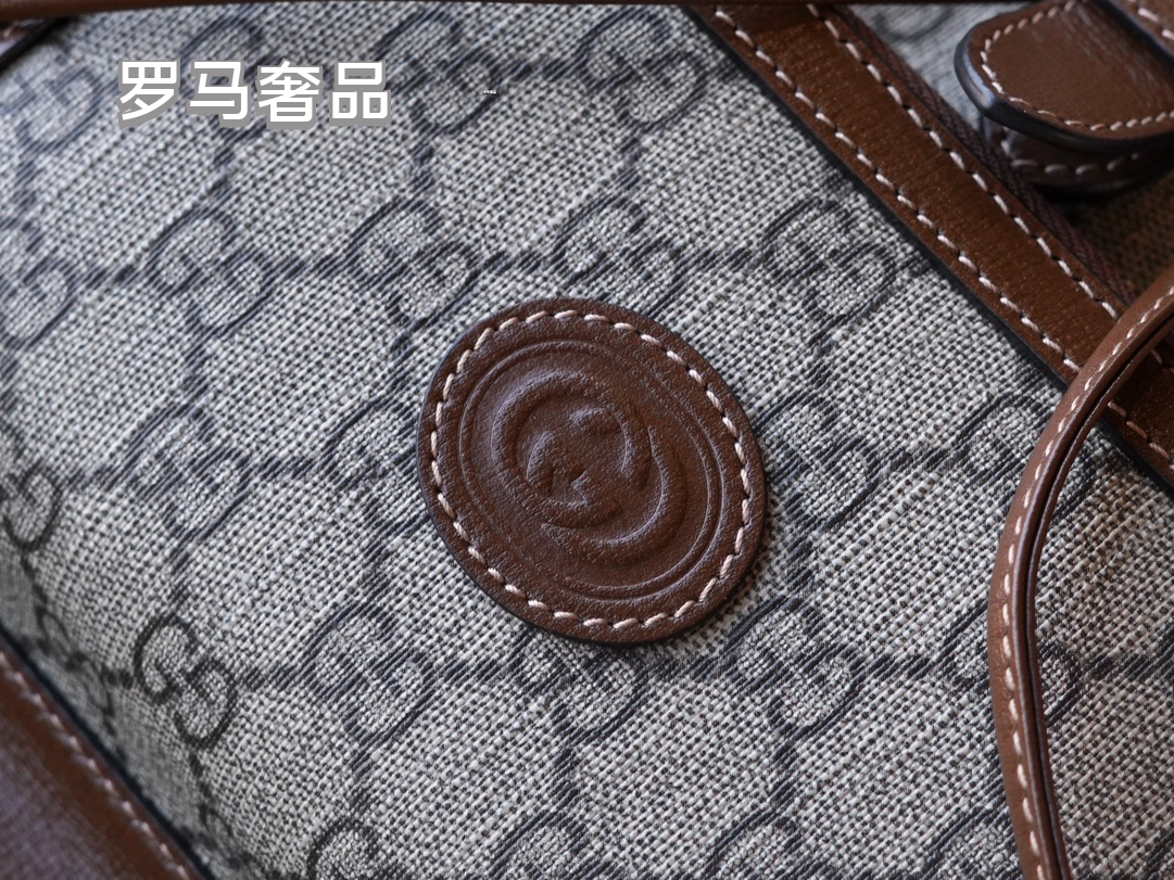 Gucci Classic Monogram Canvas Backpack with Brown Leather Trim and Drawstring