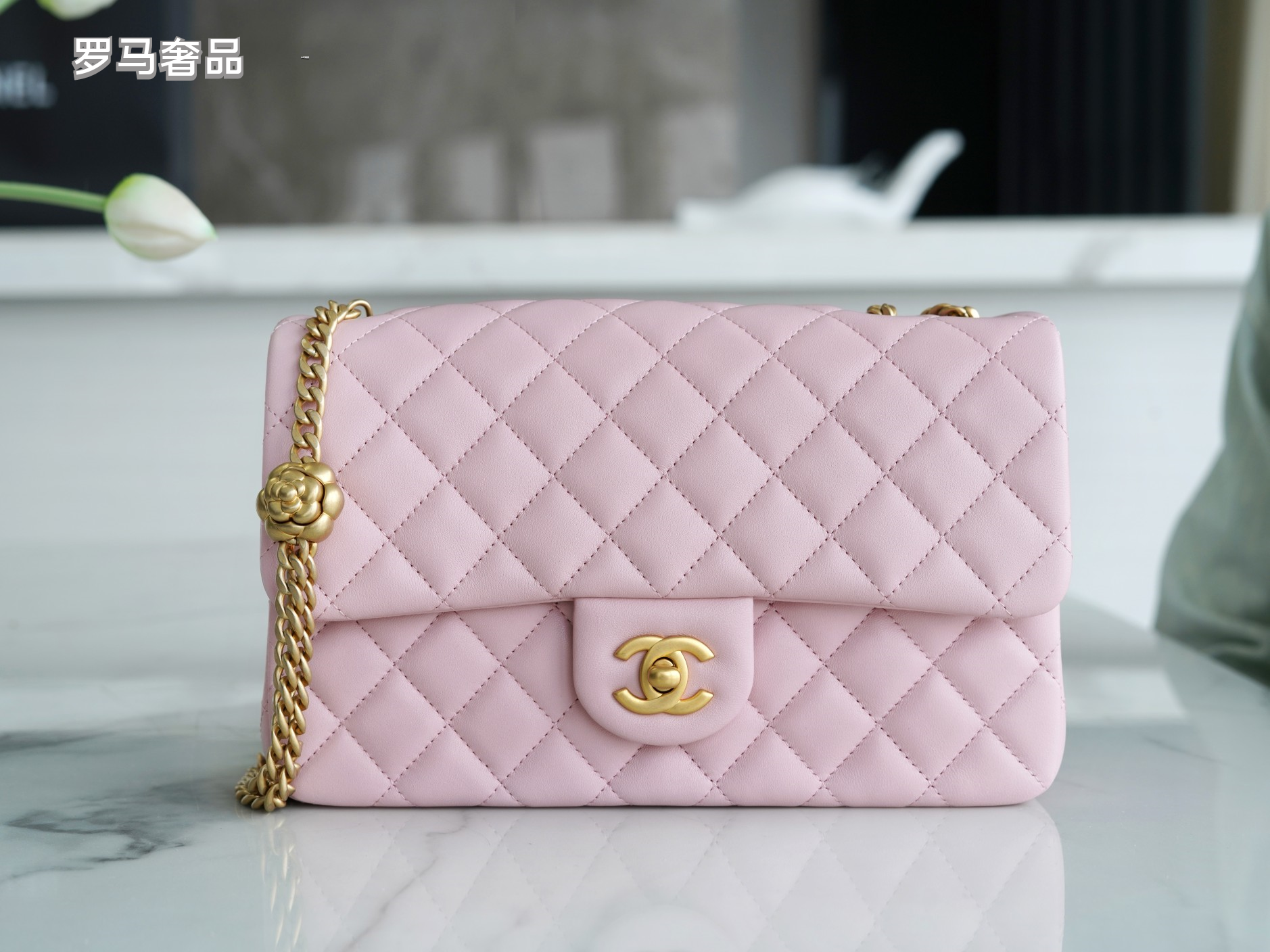 Pink Quilted Flap Bag with Gold-Tone Chain and Logo - Blue Tanzon