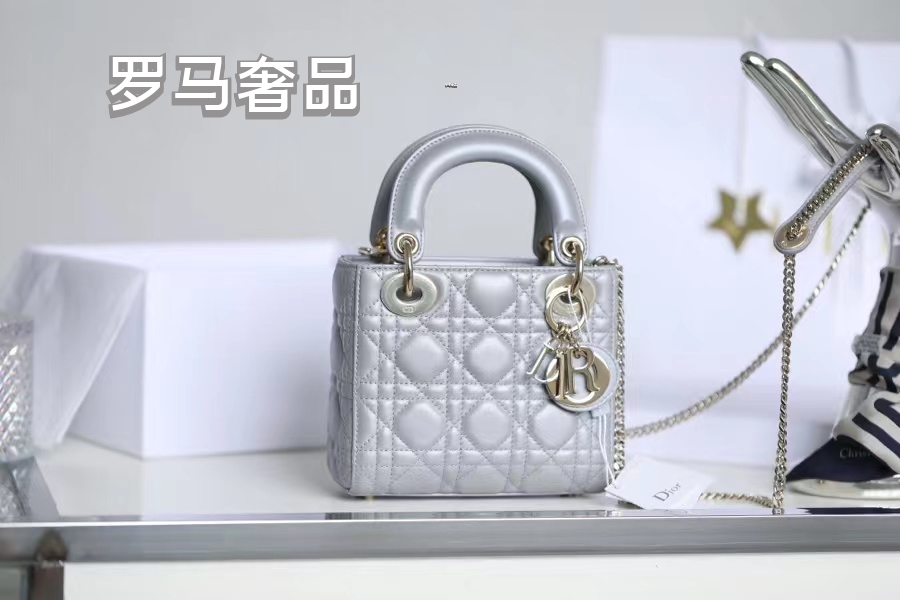 Lady Dior Mini Bag - Quilted Cannage Lambskin - Silver & Pale Pink