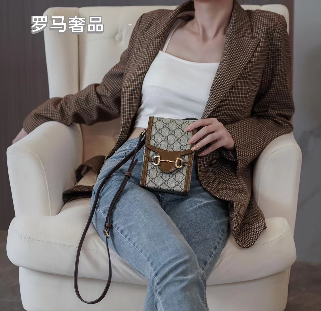 Gucci Horsebit 1955 Mini Bag in GG Supreme Canvas with Brown Leather Trim