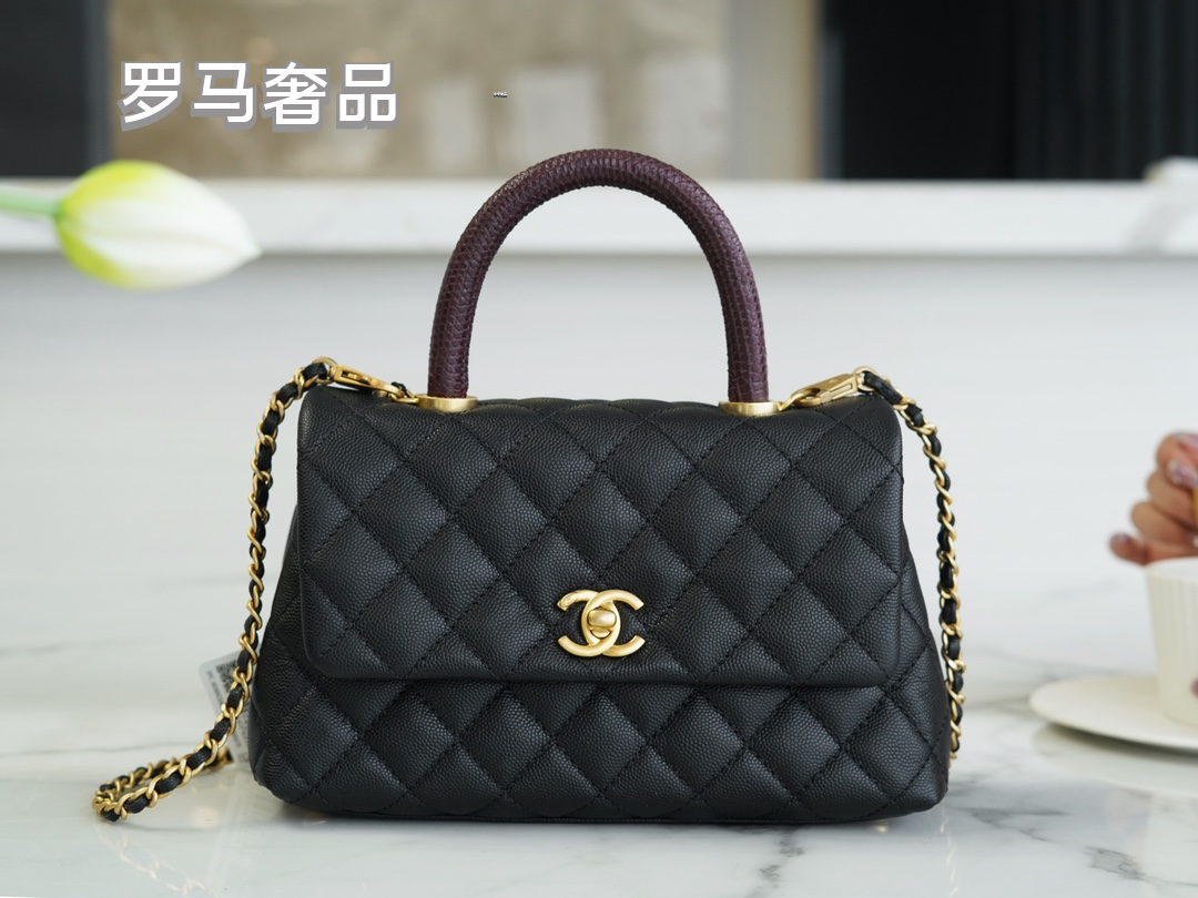 Chanel Medium Coco Handle Bag Black Quilted Caviar Leather Gold Hardware