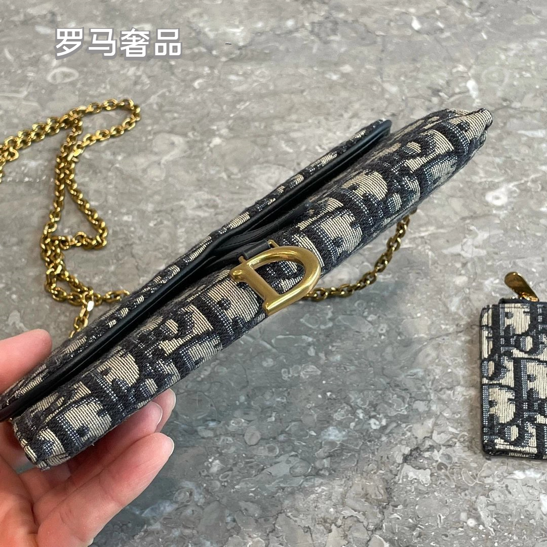 Dior Saddle Wallet on Chain Blue Dior Oblique Jacquard