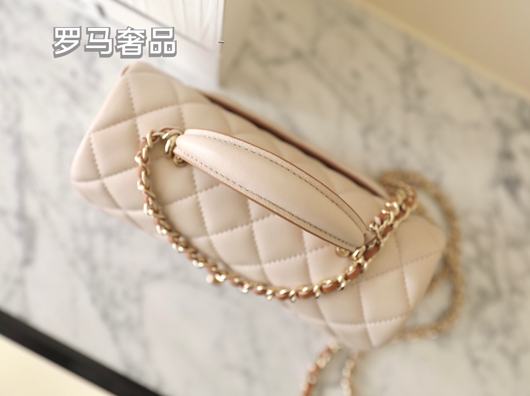 Chanel Small Beige Quilted Lambskin Top Handle Flap Bag with Gold Hardware