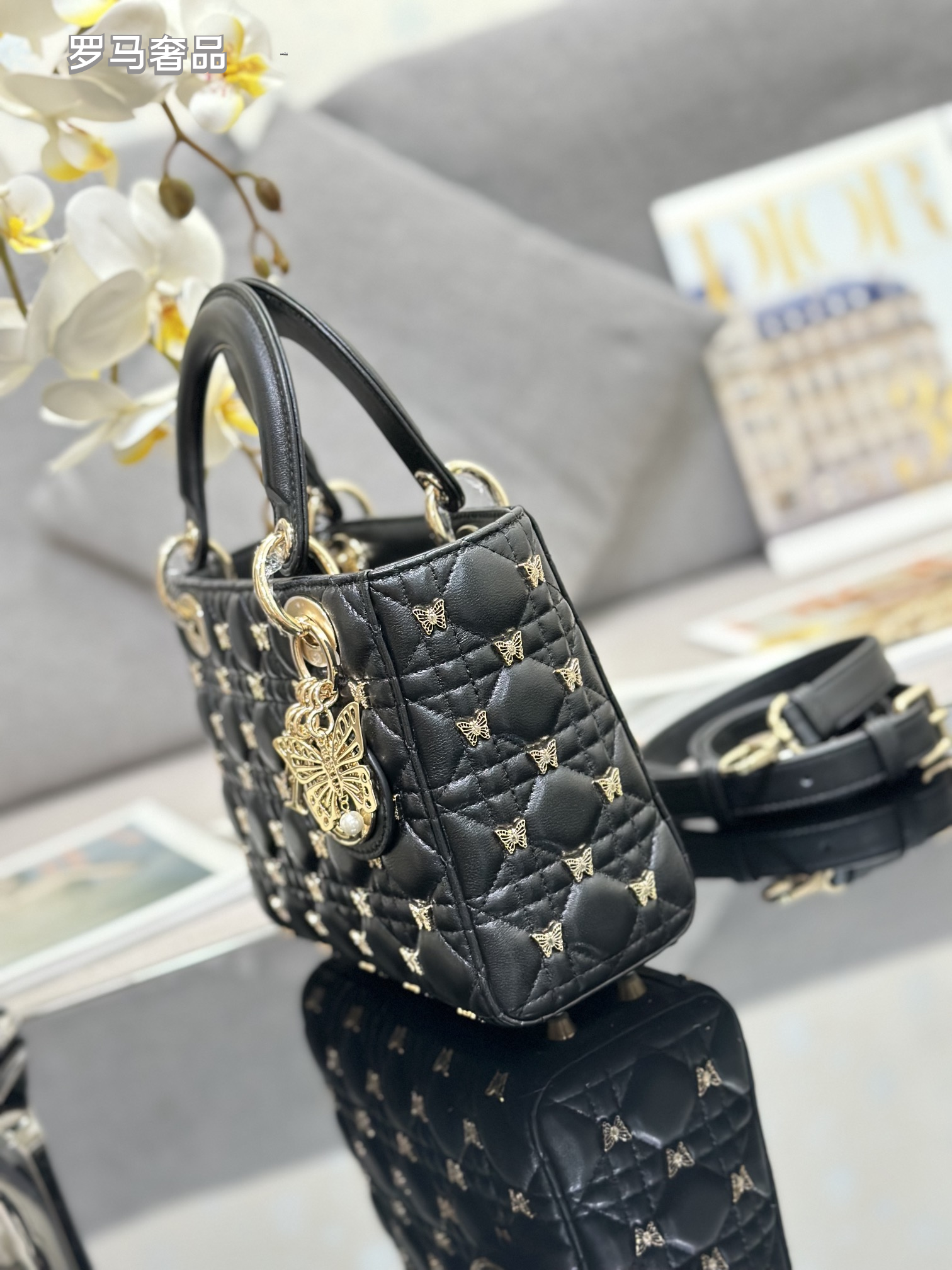 Dior Luxury Black Quilted Leather Handbag with Gold Butterfly Charm